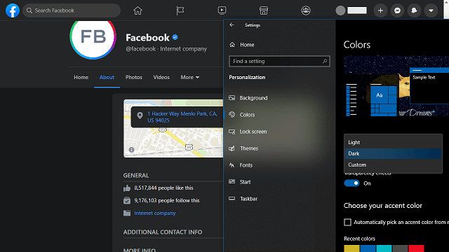 A screenshot of Facebook and Windows in dark theme.